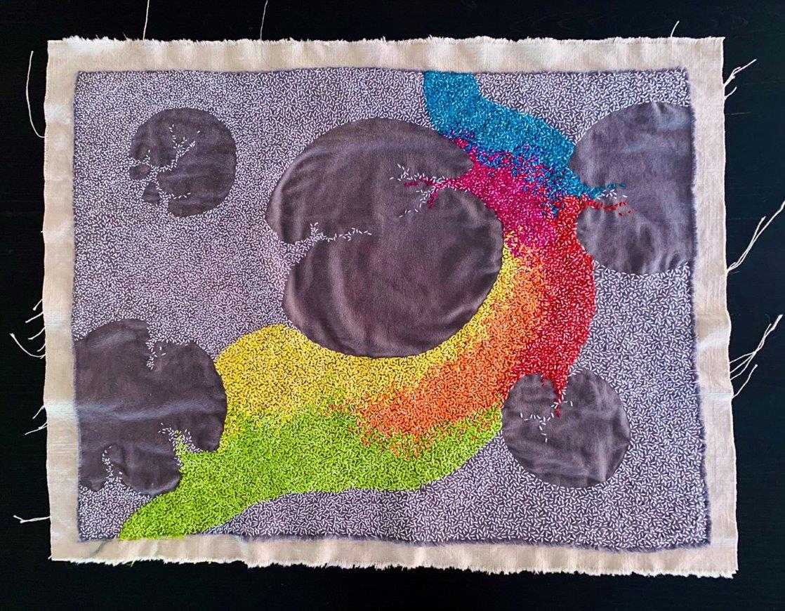 Art piece with dotted lines on canvas.